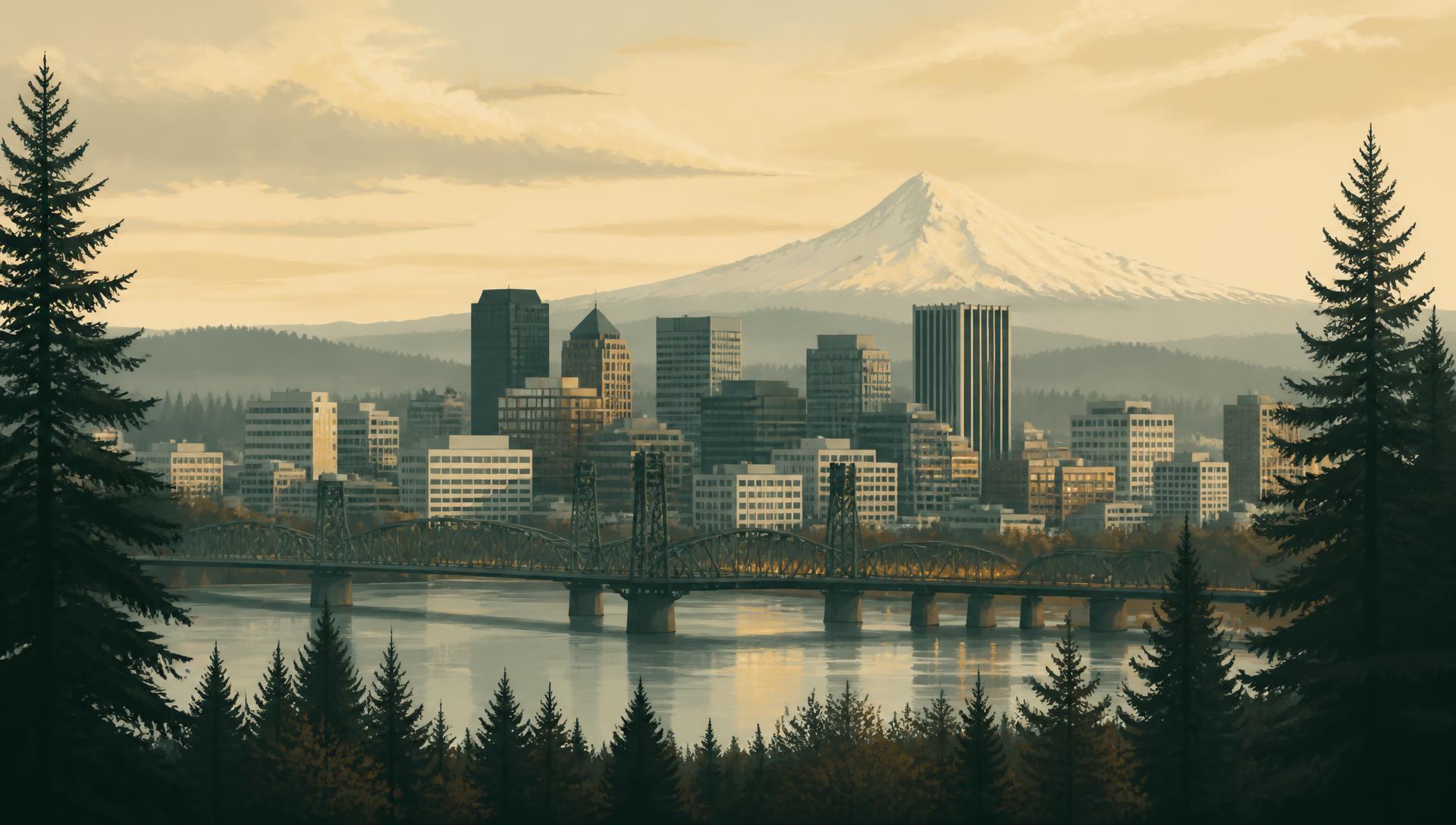 Portland skyline with a Willamette River bridge and Mt. Hood beyond Oregon evergreens